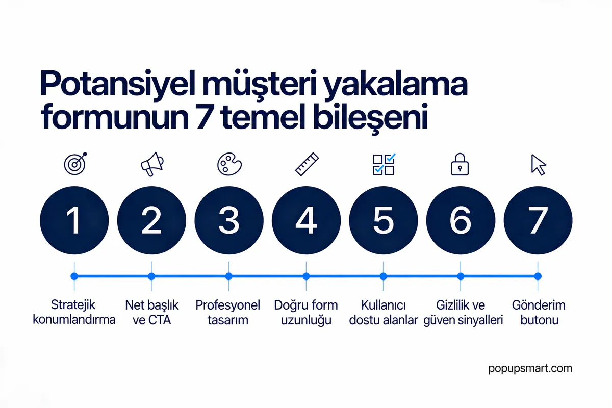 Potansiyel müşteri yakalama formunun 7 temel bileşenini sıralayan yol haritası