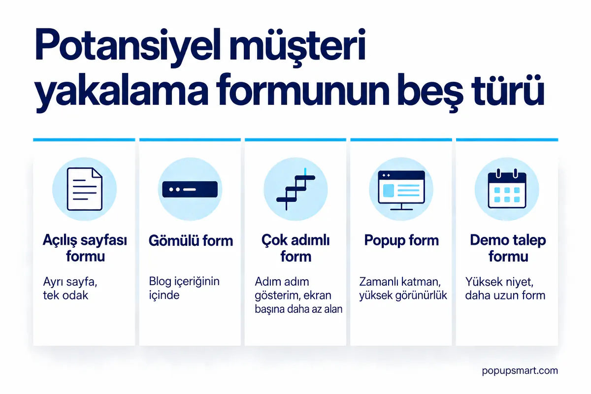 Beş tür potansiyel müşteri yakalama formu: açılış sayfası, gömülü, çok adımlı, popup ve demo talep formları