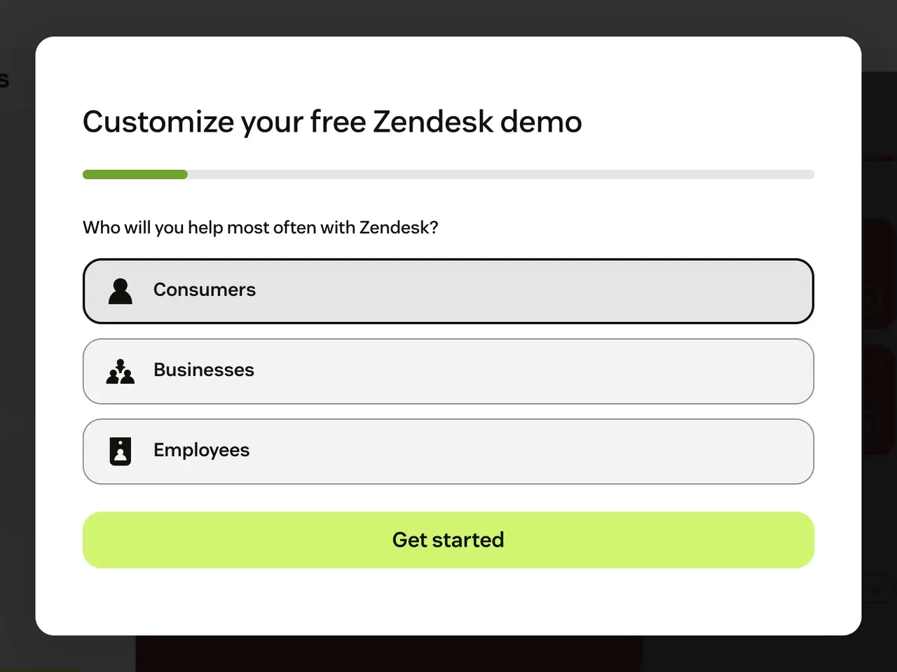 Zendesk demo request form, step one: a single multiple-choice question under a progress bar