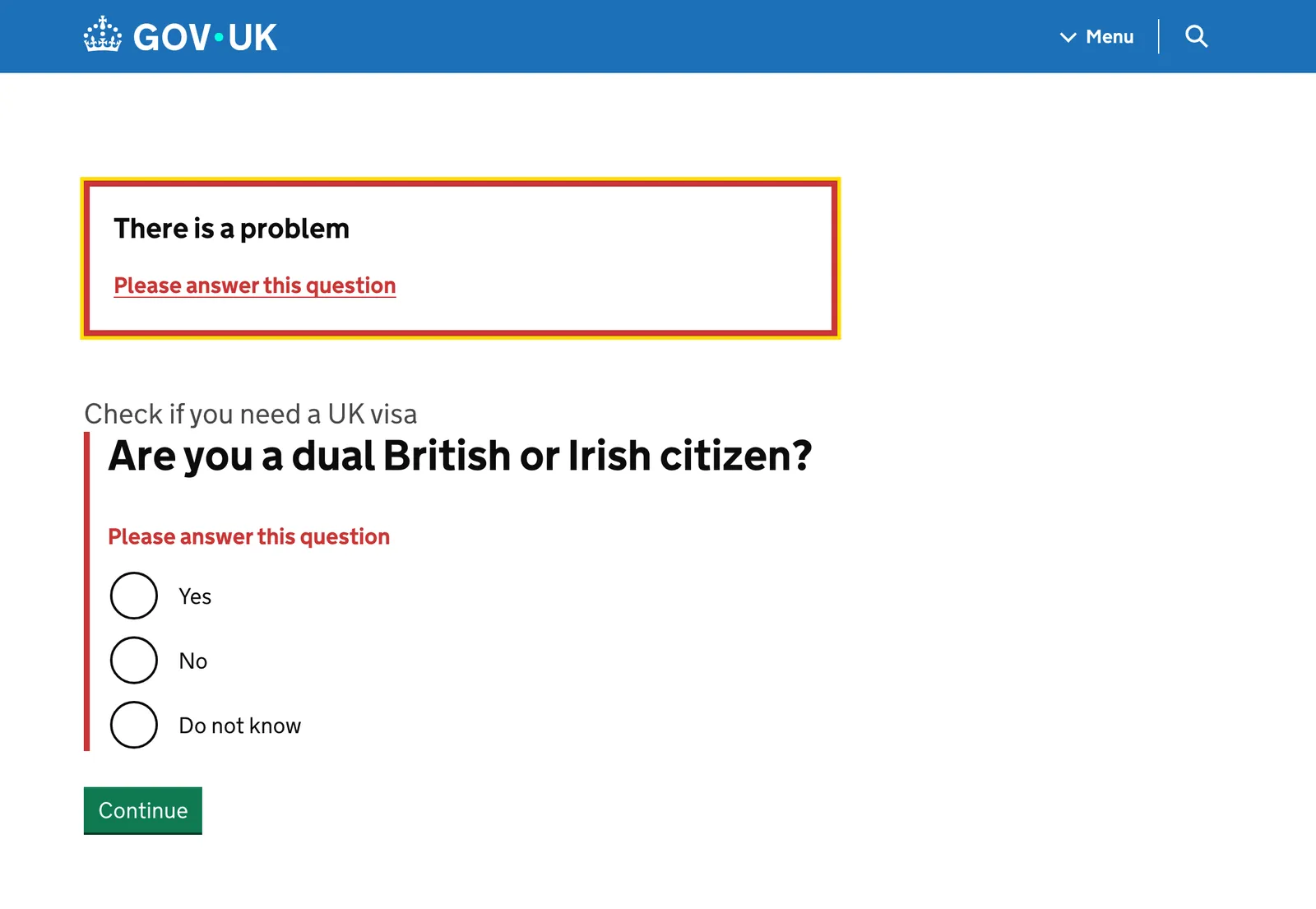 GOV.UK's Check if you need a UK visa form asking Are you a dual British or Irish citizen?, with an error summary at the top and the error repeated above the answer options