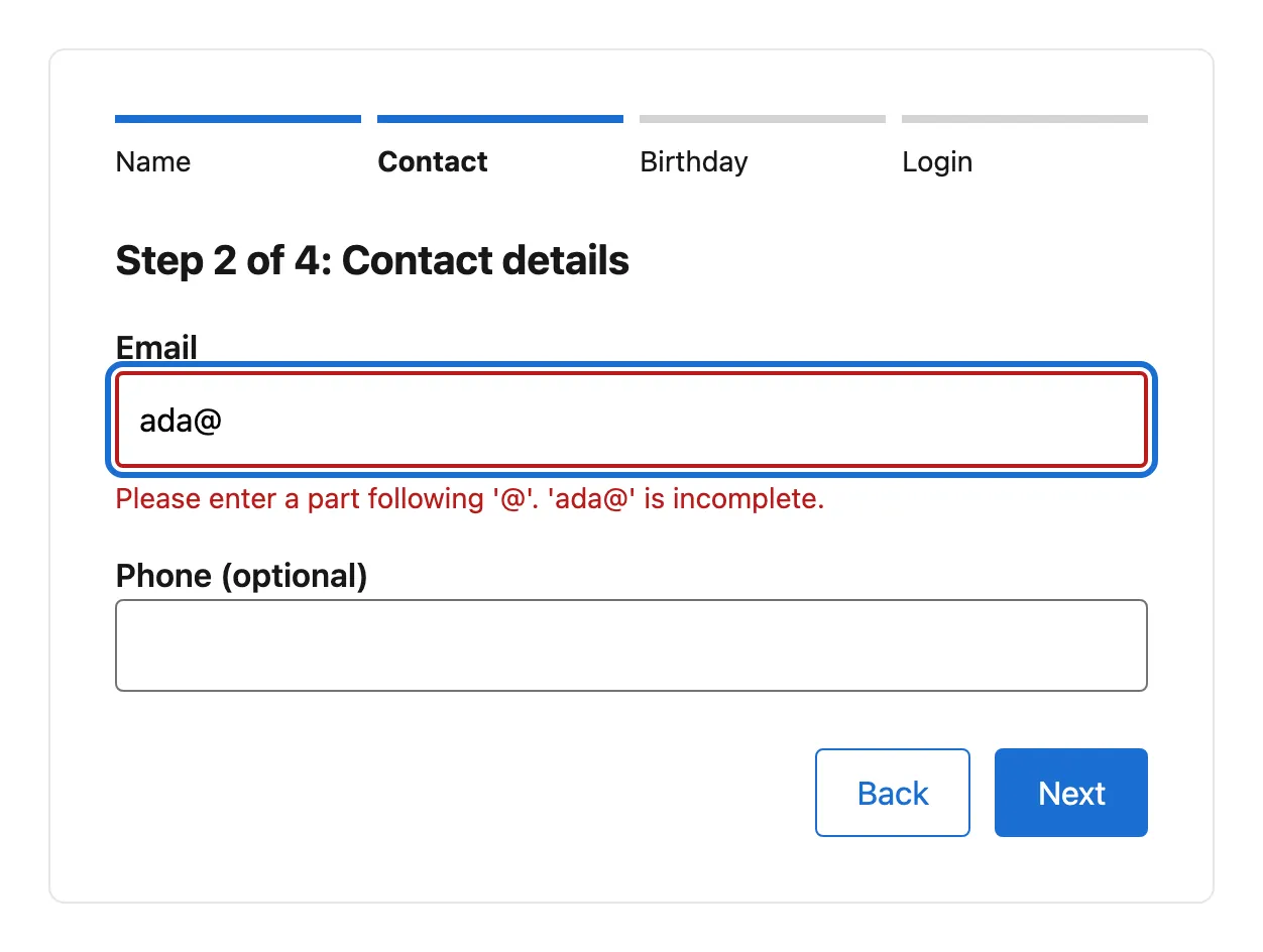 The four-step form from the code above at step 2: the progress bar marks Contact as the current step, and an incomplete email shows an error message under the field