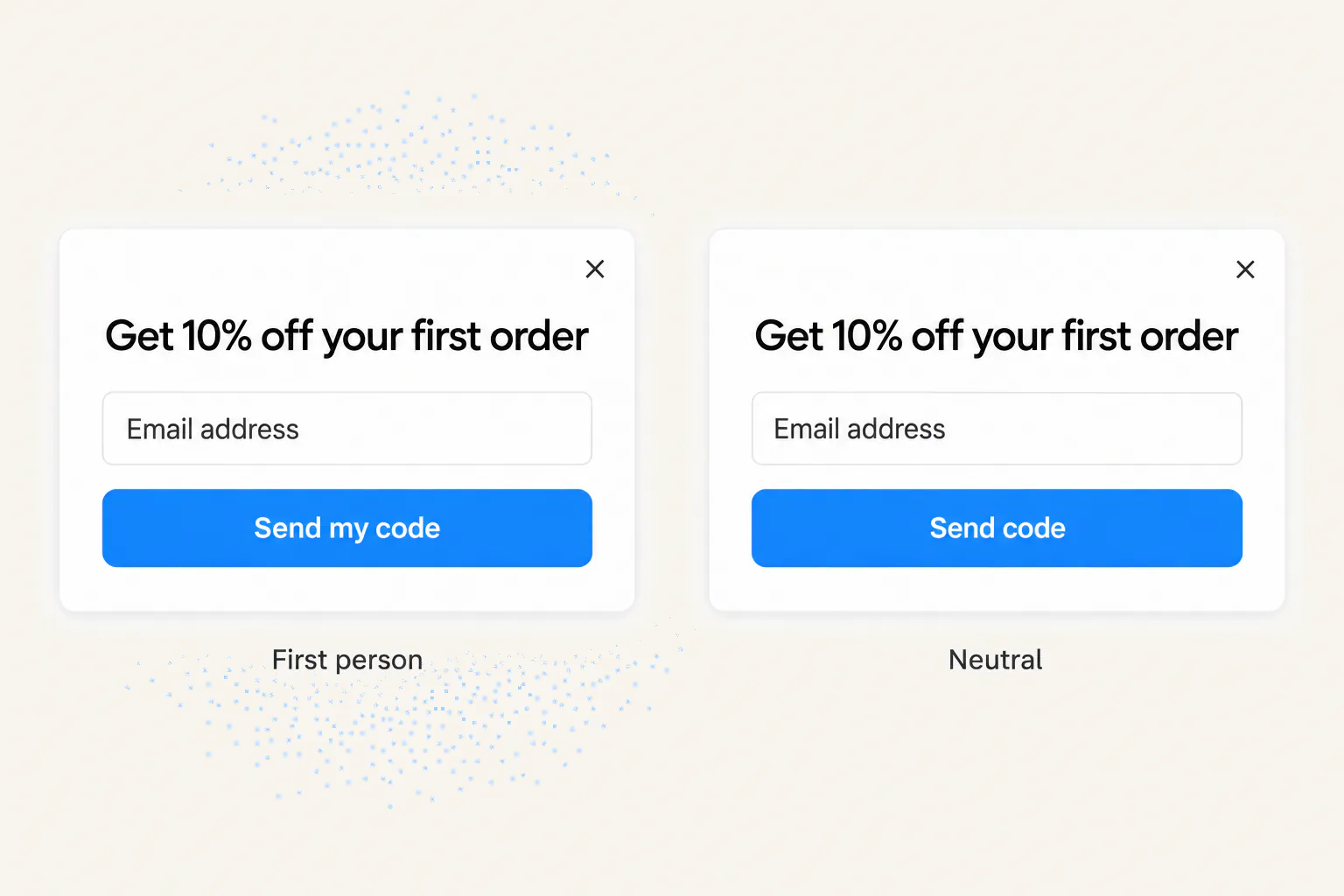 Example design: the same popup twice, with a first-person button, Send my code, and a neutral one, Send code