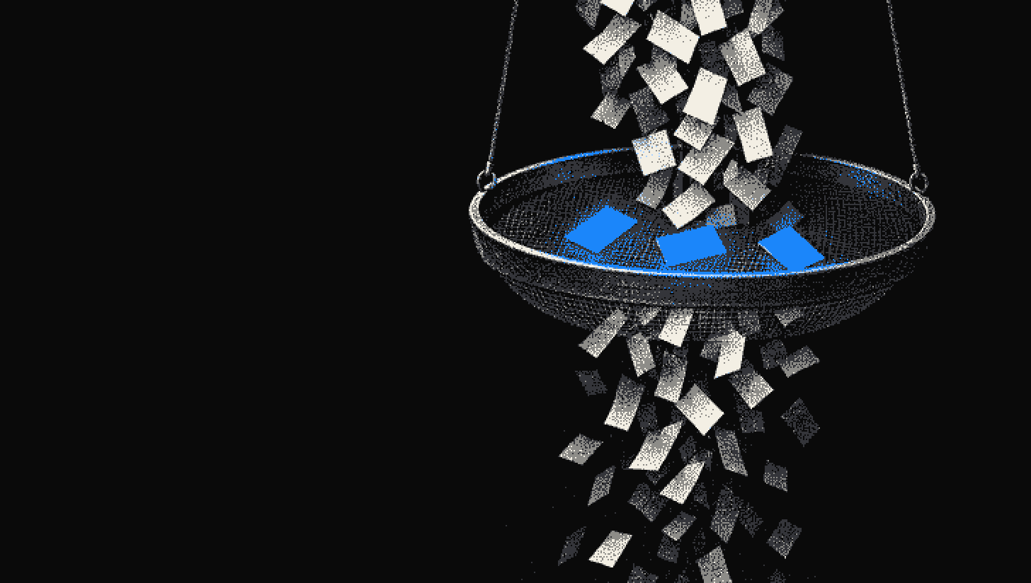 A round sieve hanging in the dark catches three glowing blue cards while a stream of paper cards falls through its mesh