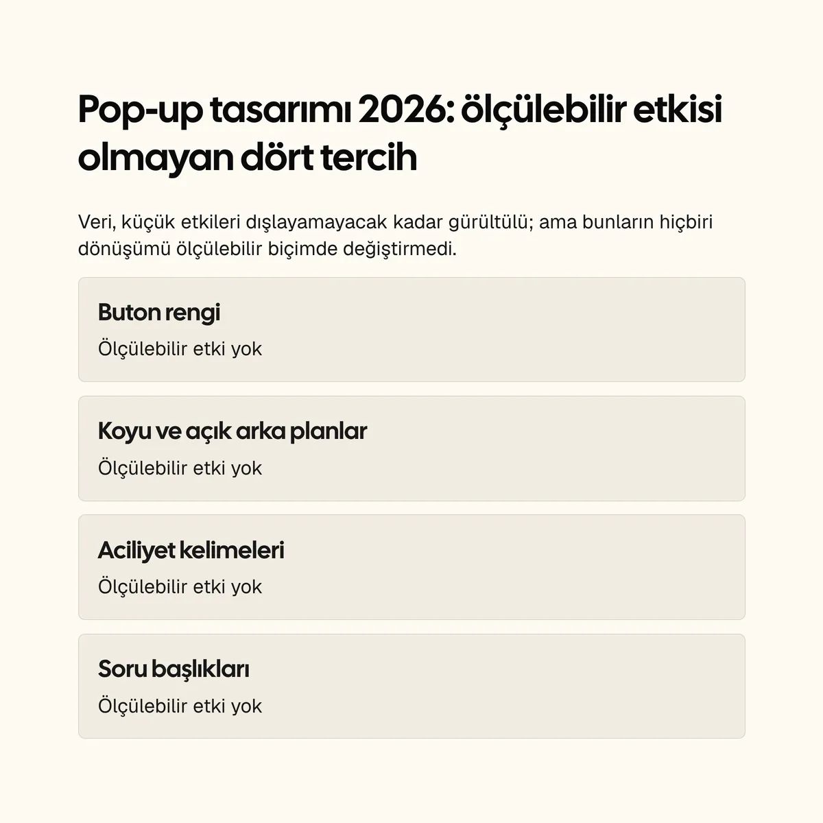 Kart: düğme rengi, koyu ve açık arka planlar, aciliyet sözcükleri ve soru biçimindeki başlıklar pop-up dönüşümünde ölçülebilir bir etki göstermiyor