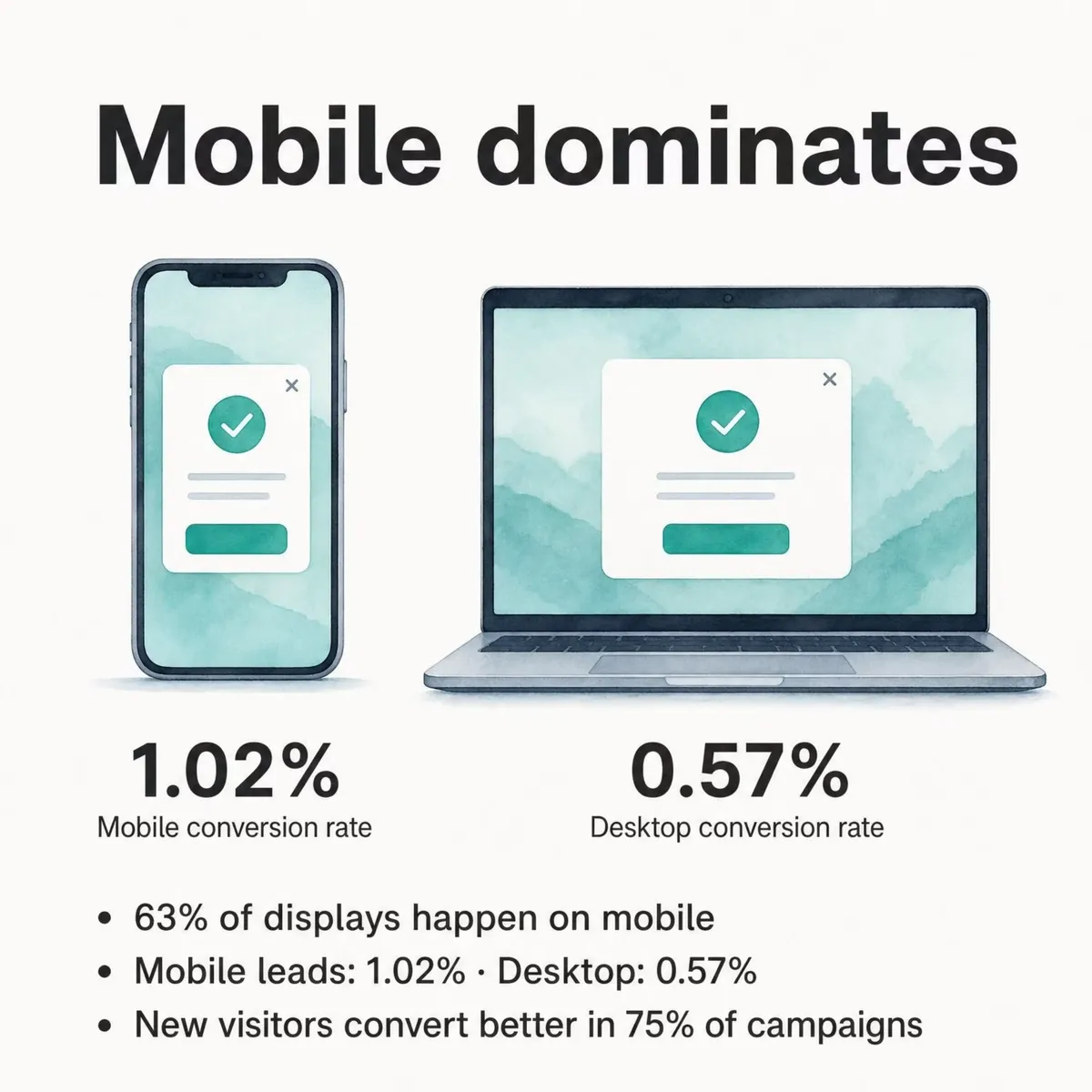 Phone and laptop with popups: median lead conversion rate 1.02% on mobile vs 0.57% on desktop; 63% of popup displays happen on mobile