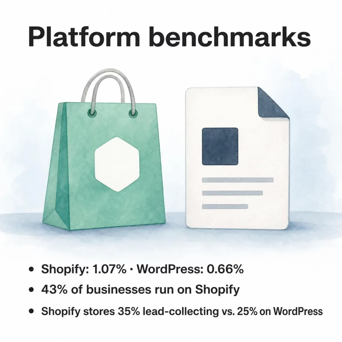 Shopping bag and web page: popups convert 1.07% on Shopify stores vs 0.66% on WordPress sites; 43% of businesses in the benchmark run on Shopify; 35% of Shopify popup campaigns collect leads vs 25% on WordPress