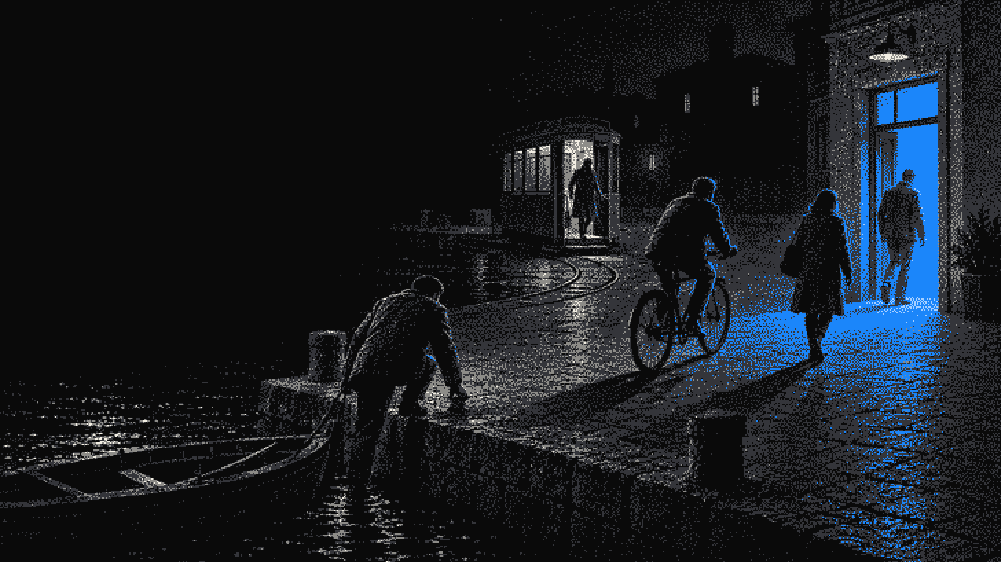 At night, visitors reach a small shop by bicycle, tram, rowing boat and on foot; only its open doorway glows blue
