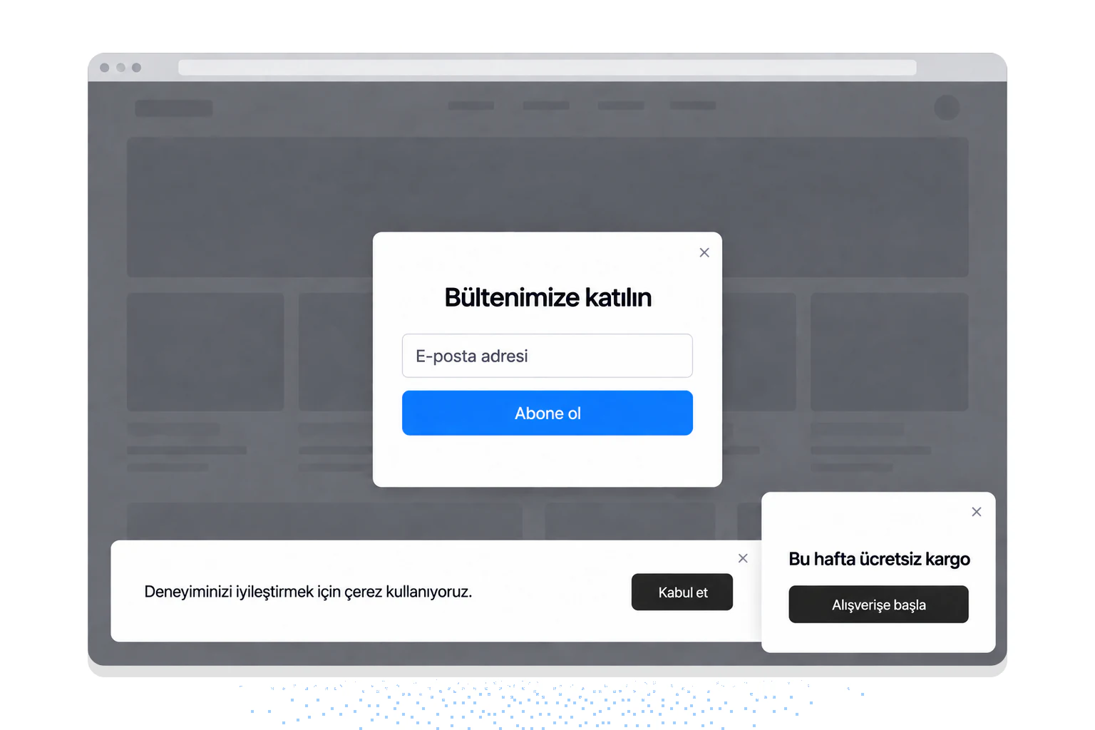 Örnek tasarım: tek bir sayfada aynı anda açık bir bülten popup'ı, bir çerez bildirimi ve bir kayan kutu