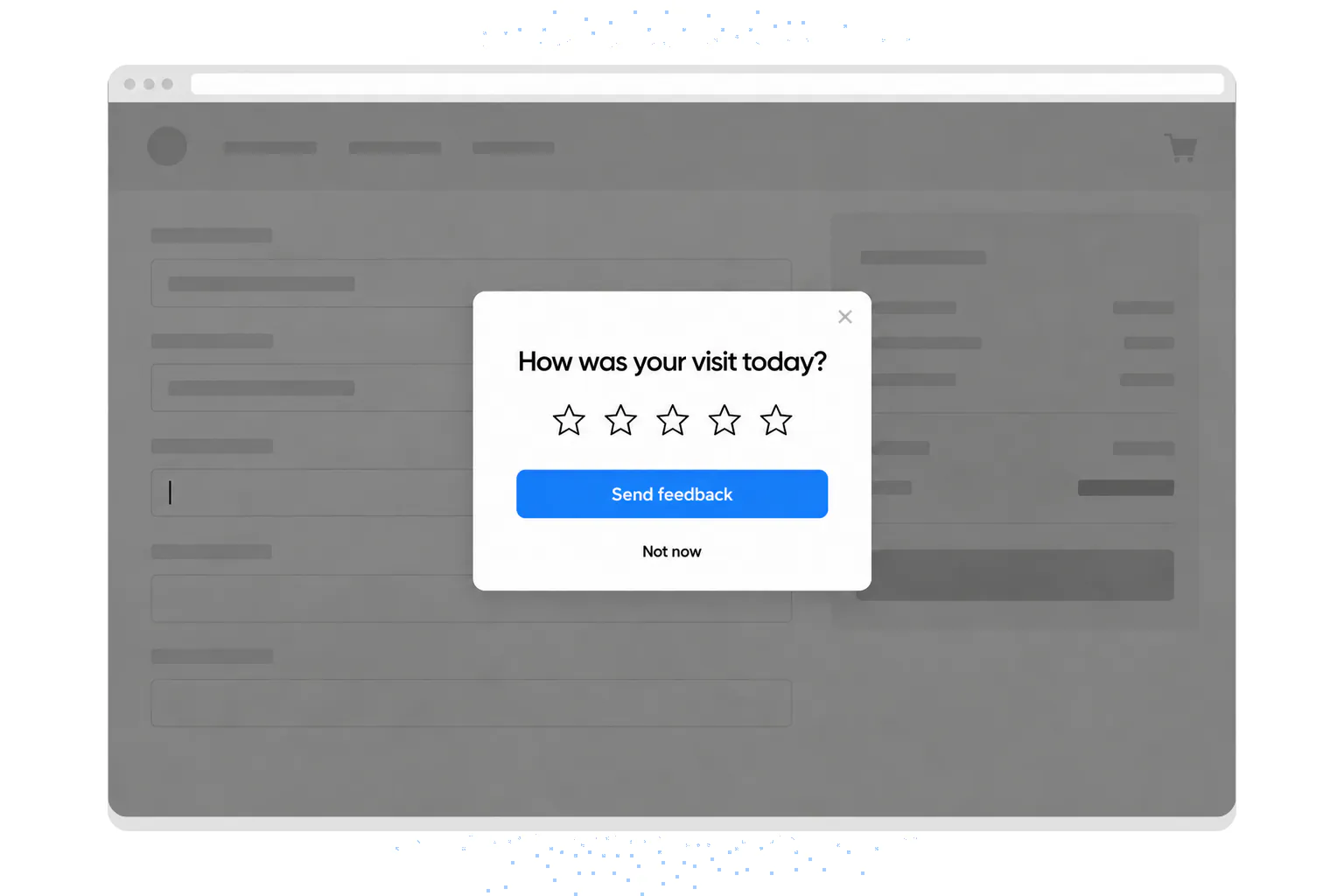 Example design: a star-rating popup covering a checkout form the visitor is halfway through filling in