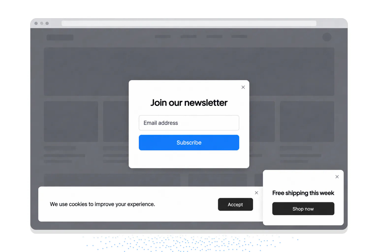 Example design: a newsletter popup, a cookie notice and a slide-in open at the same time on one page