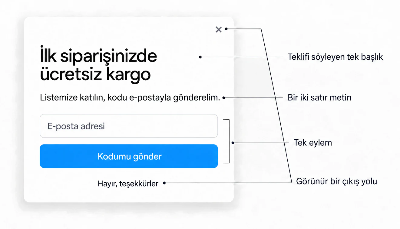 Örnek tasarım: tek başlığı, tek satır metni, tek butonlu bir e-posta alanı, kapatma butonu ve Hayır, teşekkürler bağlantısı olan, her parçası etiketlenmiş bir popup