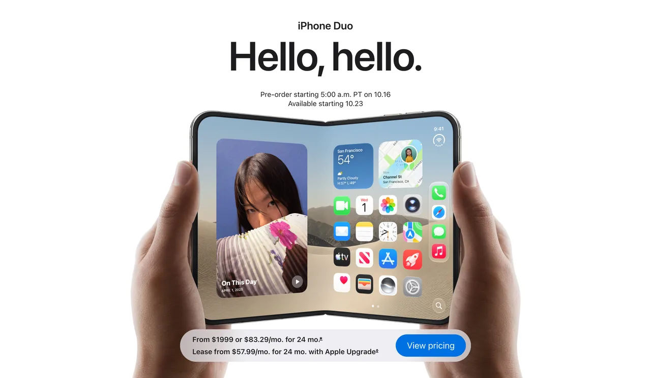 Apple iPhone Duo product page headline reading Hello, hello. above the pre-order and availability dates