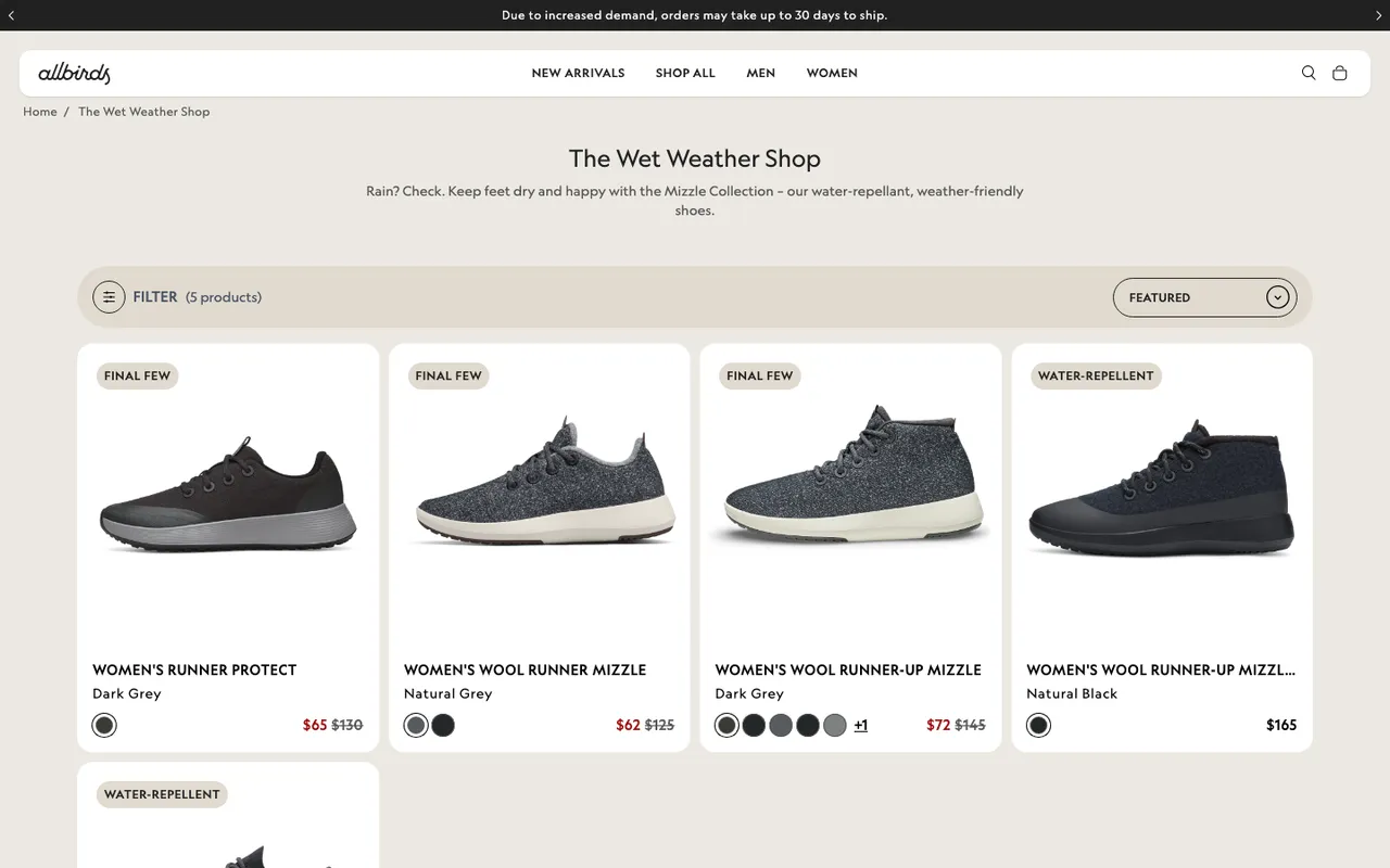 allbirds seasonal landing page example: The Wet Weather Shop with five water-repellent Mizzle shoes