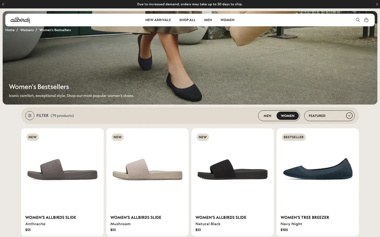 allbirds bestseller landing page example with banner and Bestseller badges
