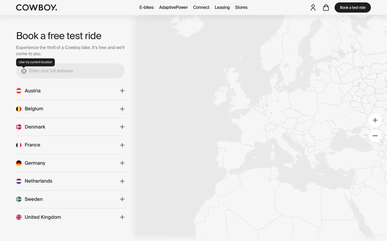 cowboy opt in page example with test ride strategy: an address field, eight European countries and a map