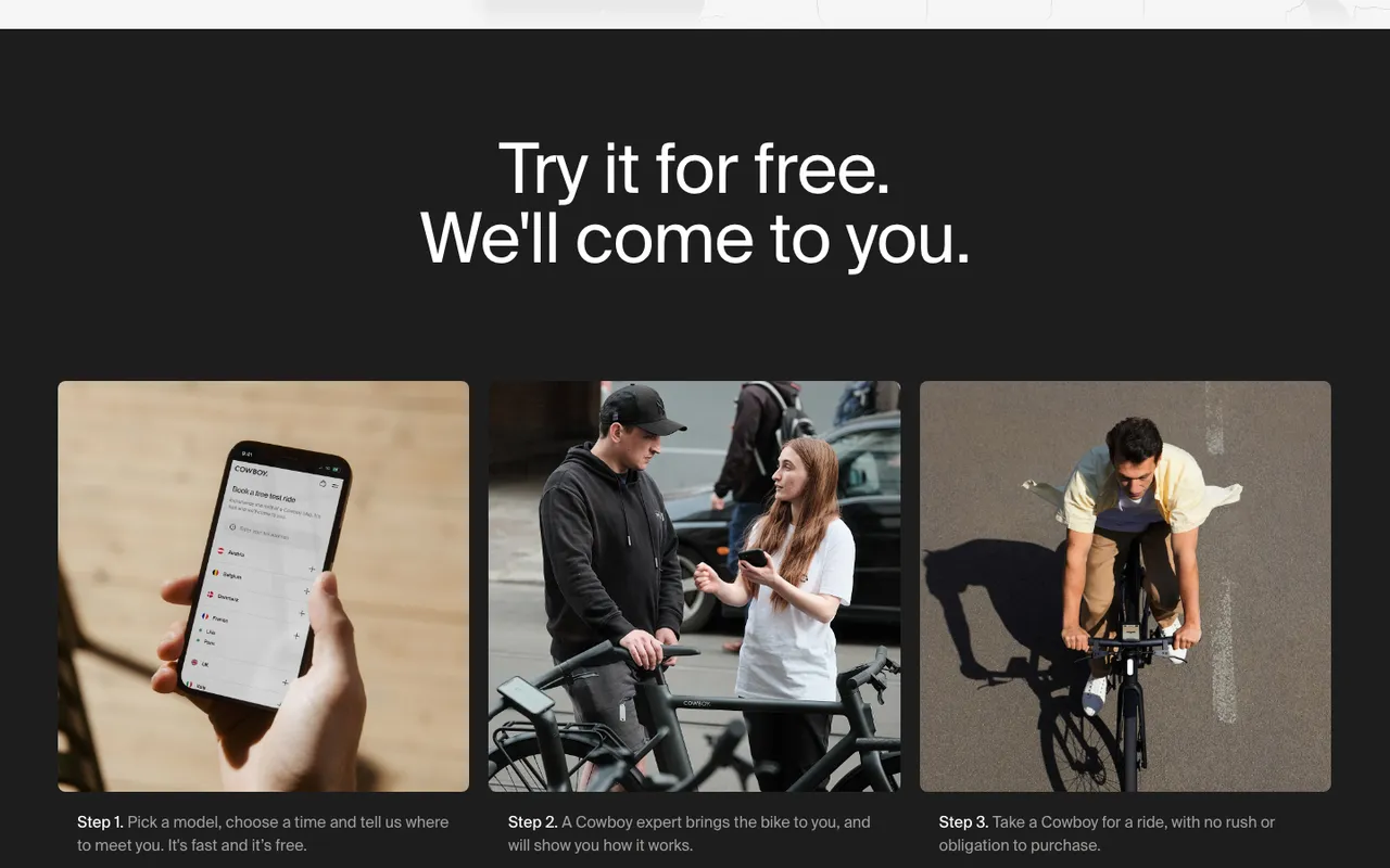cowboy opt-in page example with test ride strategy steps: book, an expert brings the bike, take a ride
