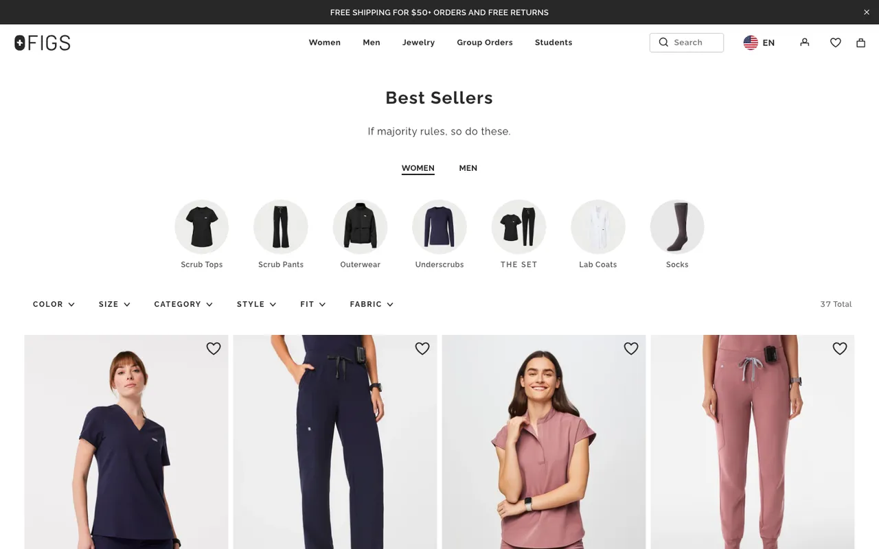 figs bestseller landing page example with a clean layout, category circles and a filter bar
