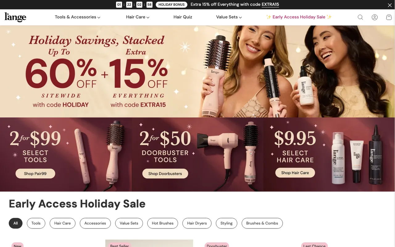lange promotional landing page example: Early Access Holiday Sale with up to 60% off sitewide, an extra 15% code and a countdown bar