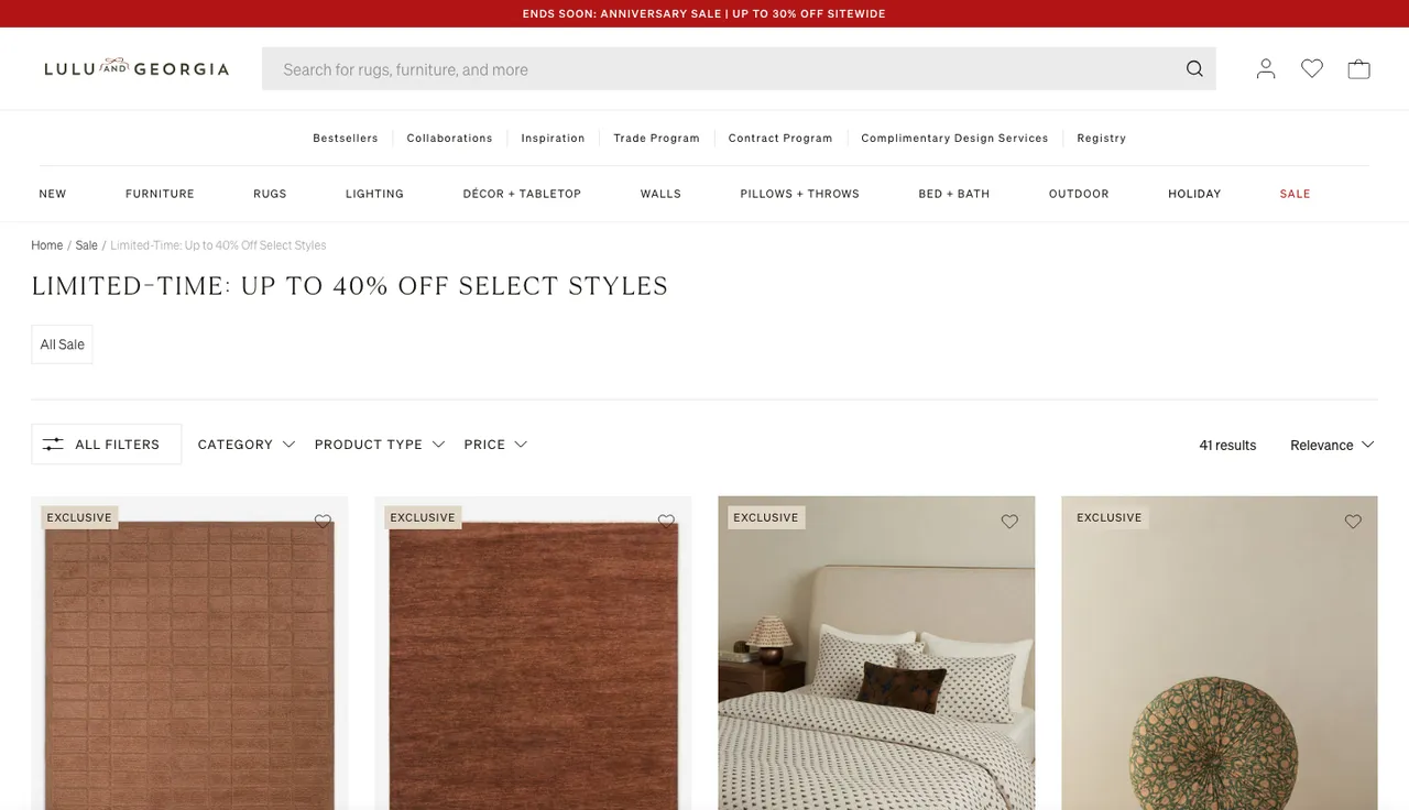lulu and georgia limited time offer landing page example with a red Sale tab in the navigation
