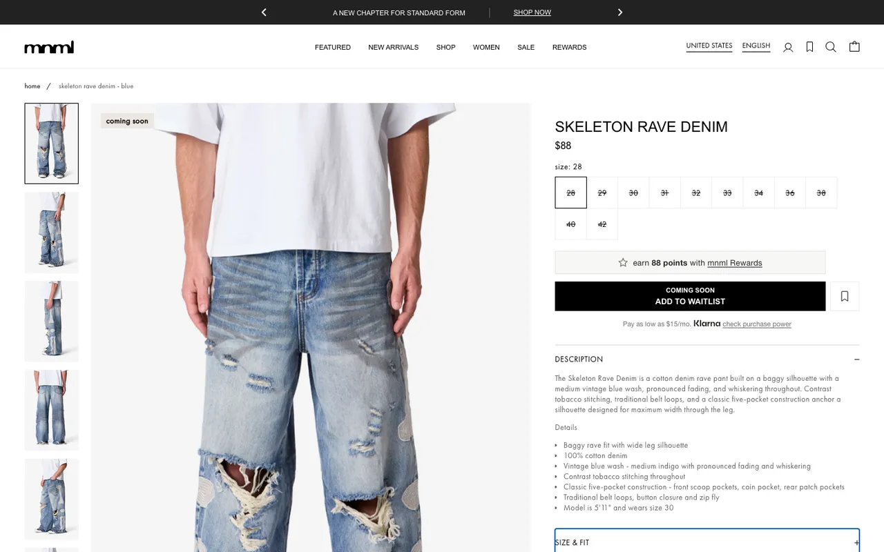 mnml product page for Skeleton Rave Denim at 88 dollars with a Coming soon, Add to waitlist button