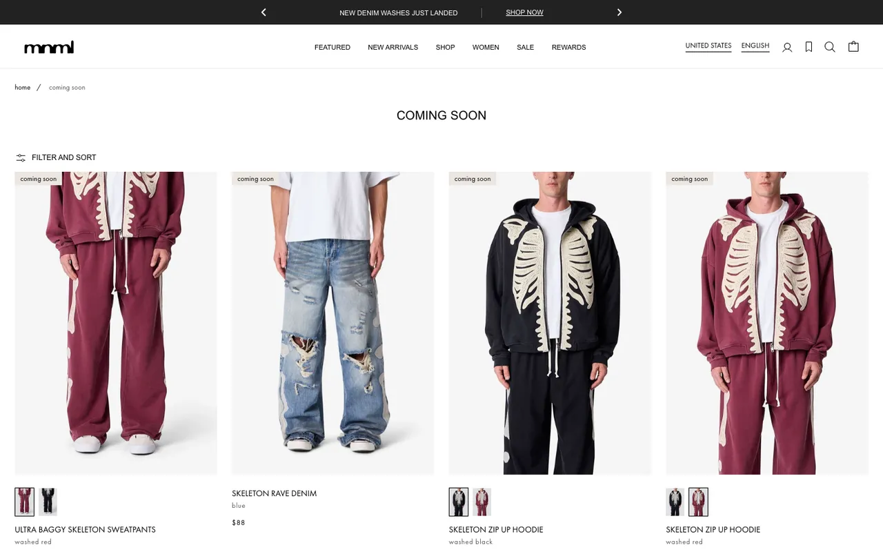 mnml coming soon landing page example with four upcoming products tagged coming soon