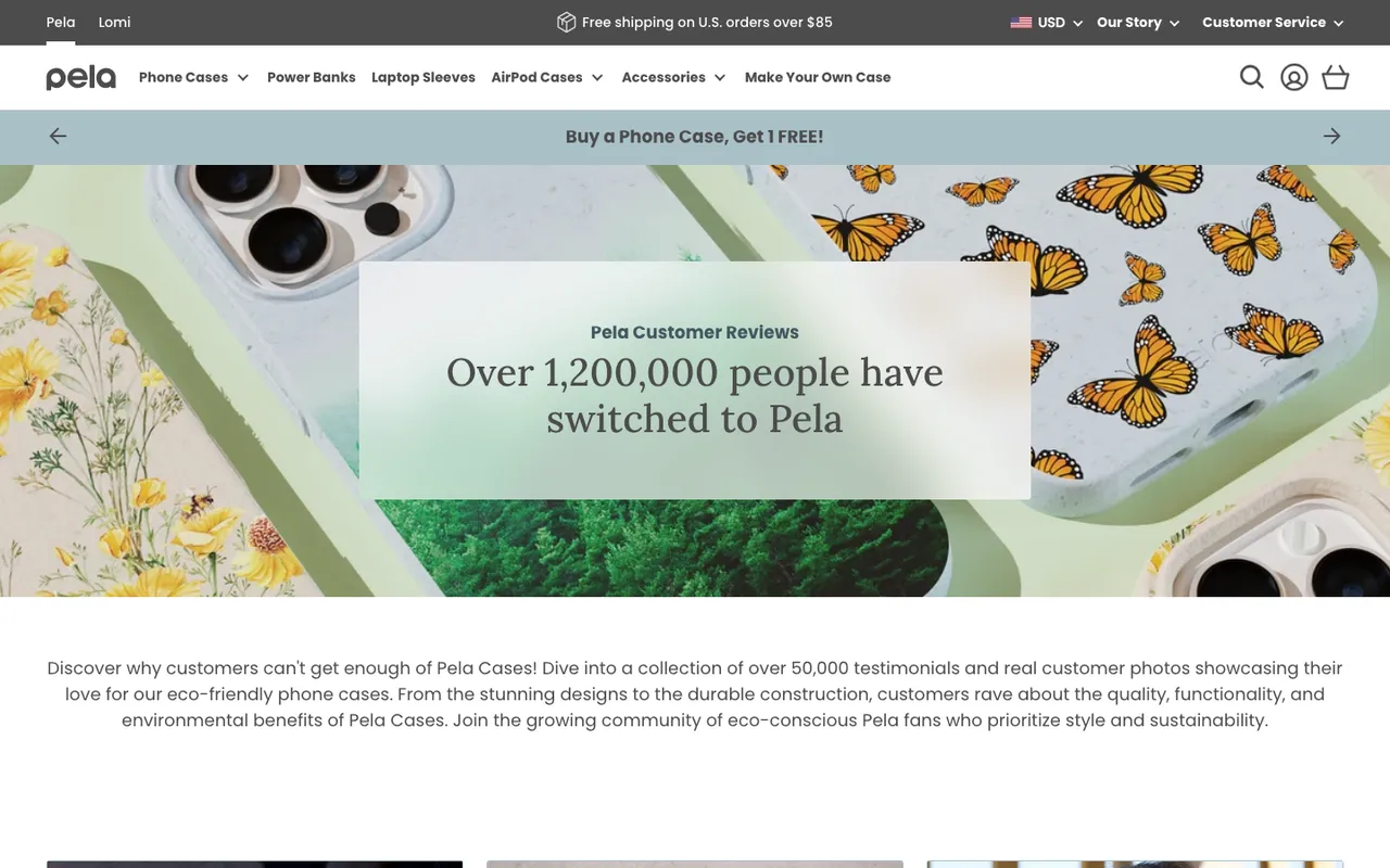 pela customer review landing page that shows the initial part: Over 1,200,000 people have switched to Pela