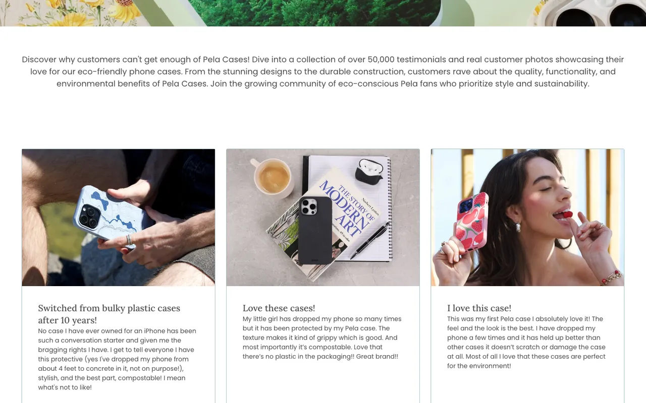 pela customer review landing page that shows the top three reviews with photos