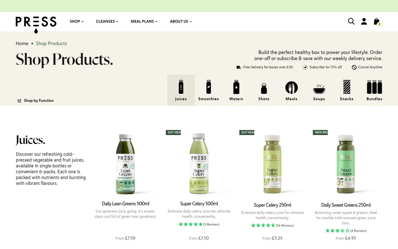 press collection landing page with an icon row for juices, smoothies, waters, shots, meals, soups, snacks and bundles