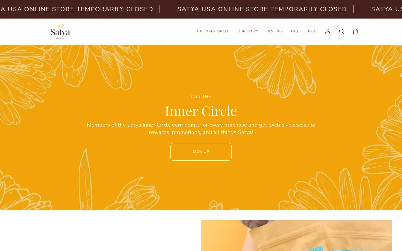 satya membership page initial part: Join the Inner Circle, under a banner saying the US online store is temporarily closed