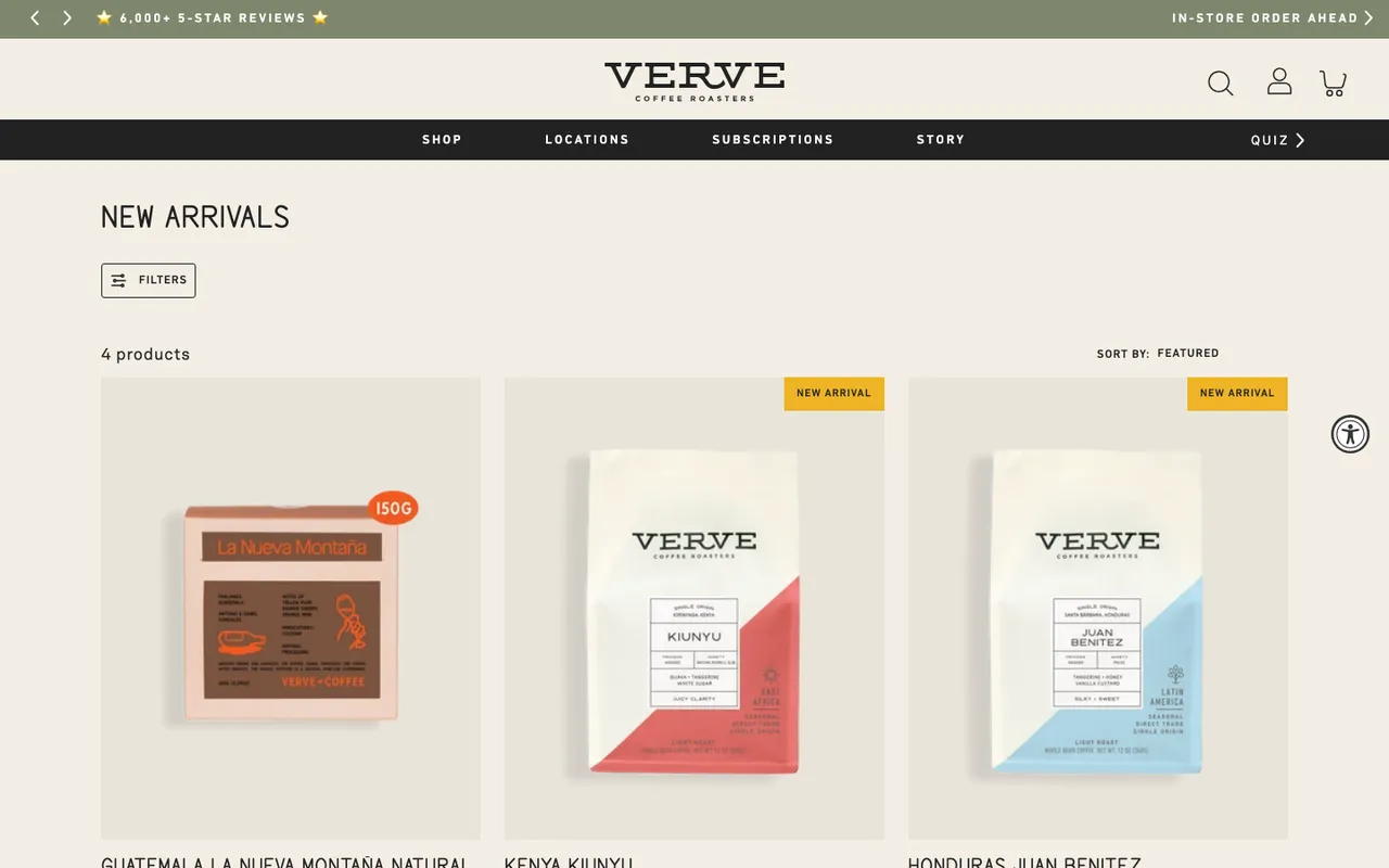 verve new arrivals landing page initial view with New Arrival badges on the product cards