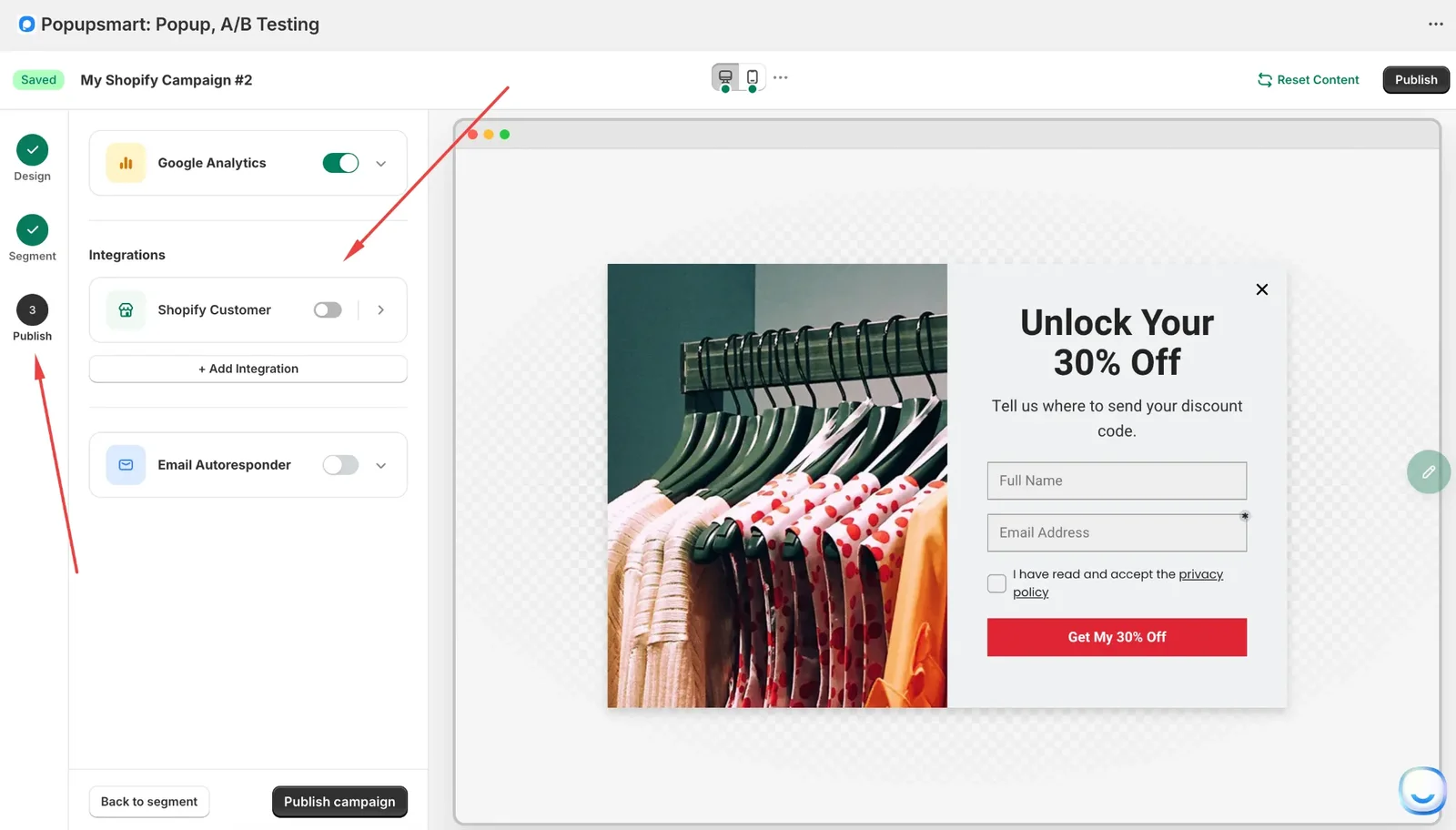 Popupsmart'ın Publish adımı: Shopify Customer entegrasyon anahtarı, Add Integration ve Email Autoresponder
