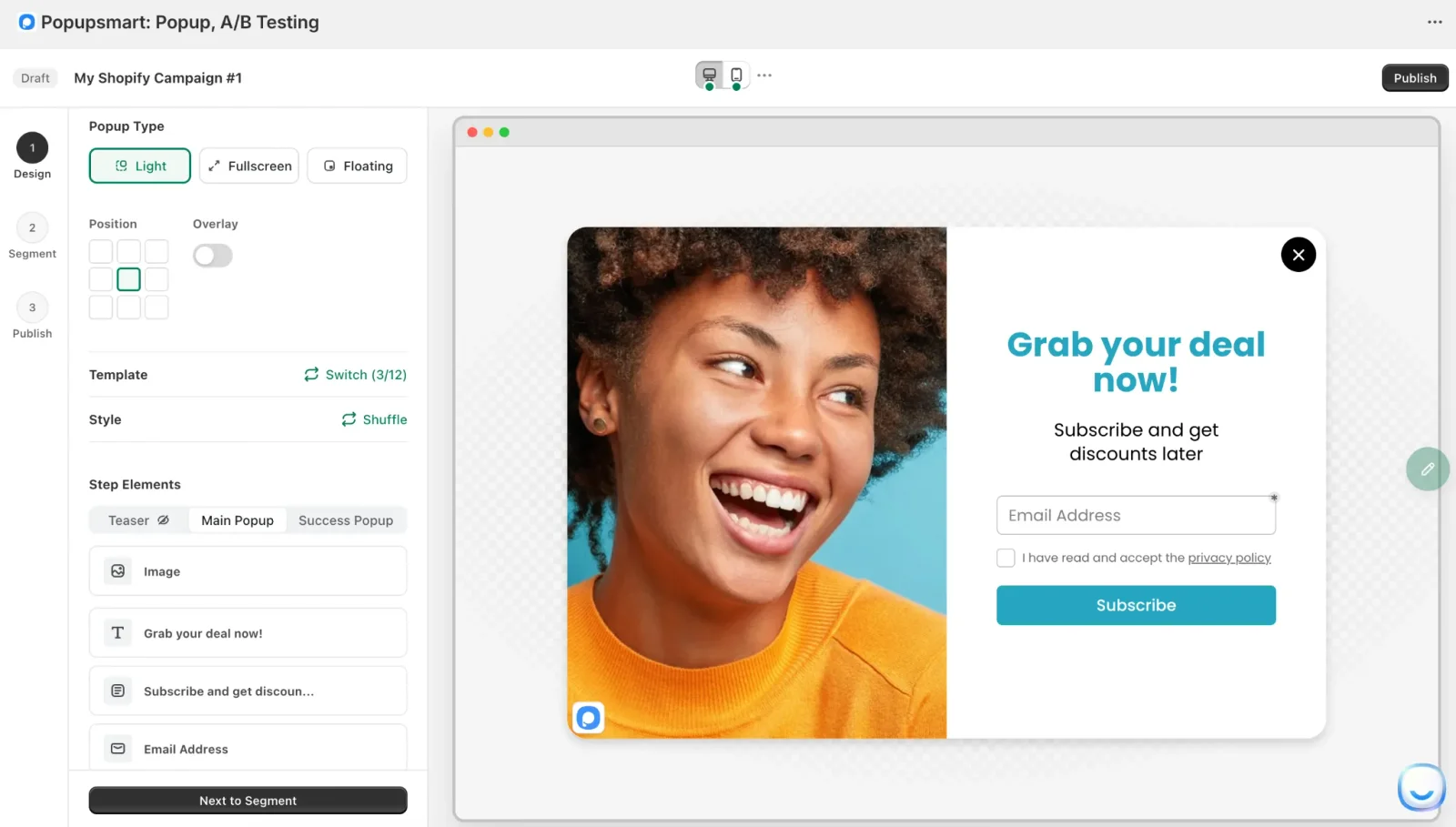 Popupsmart'ın Design adımı: popup türü, konum, şablon değiştirme ve e-posta kayıt popup'ı önizlemesi