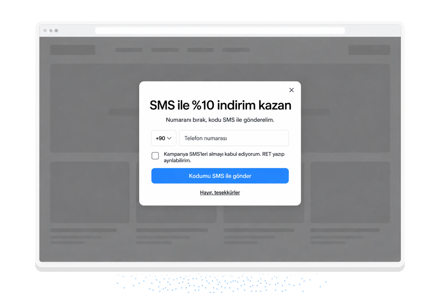 SMS ile %10 indirim sunan, ülke kodu, telefon alanı ve ayrı bir onay kutusu olan örnek SMS popup'ı