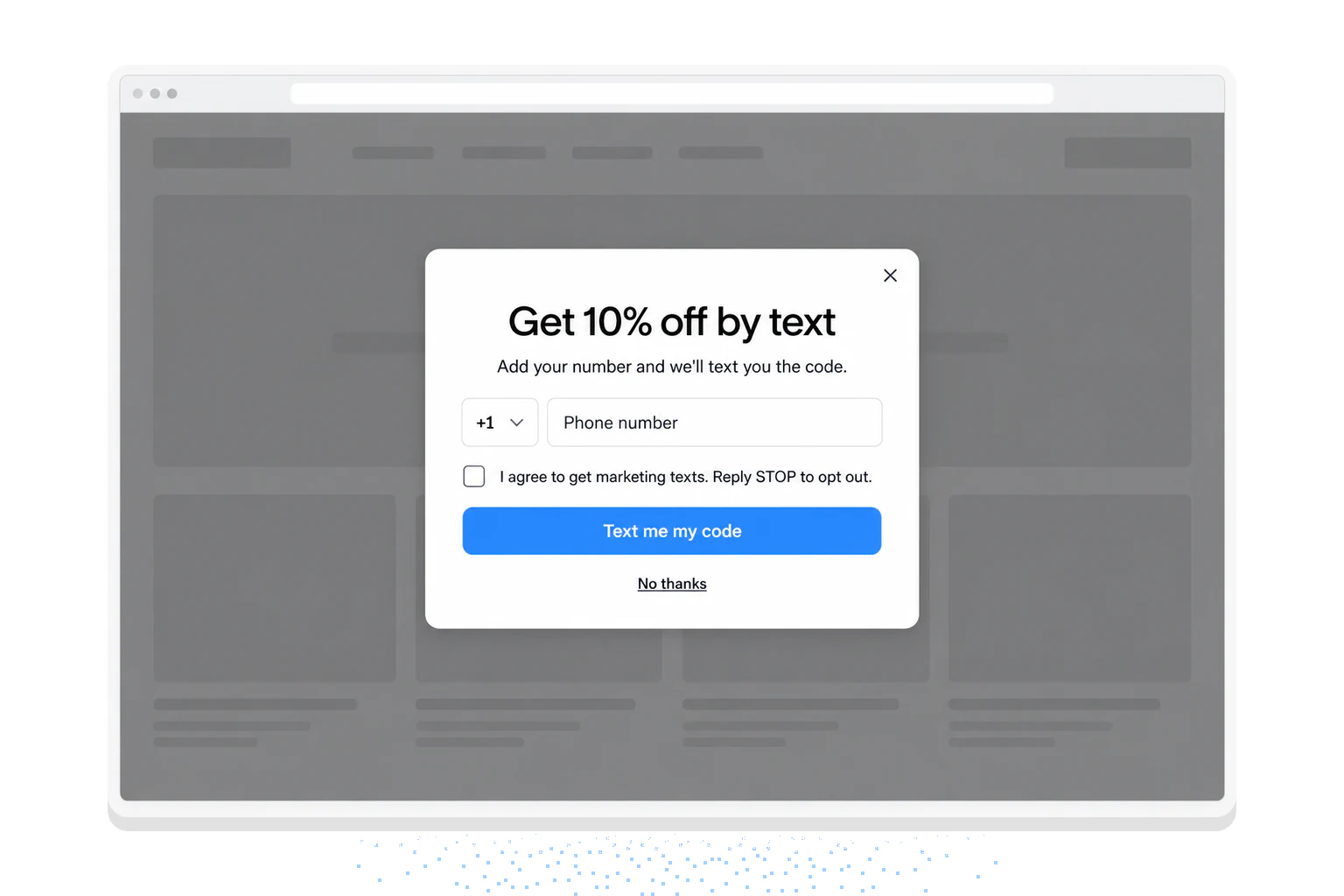 Example SMS opt-in popup offering 10% off by text, with a country code, a phone field and its own consent checkbox