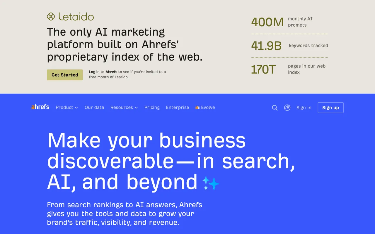 Ahrefs homepage first screen: a beige Letaido promo band with three large numbers above the blue Ahrefs hero headline