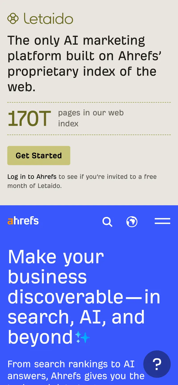 Ahrefs homepage on a phone: the Letaido promo band fills the first screen and the Ahrefs headline starts below it
