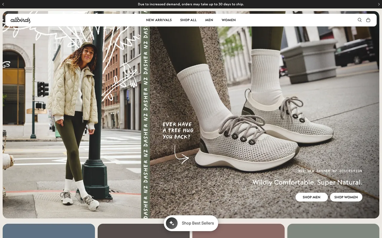 Allbirds homepage first screen: split photo of a woman on a city street and a close-up of Dasher NZ sneakers, with Shop Men and Shop Women buttons