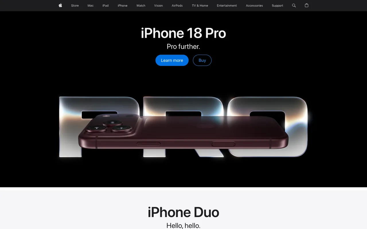 Apple homepage first screen: iPhone 18 Pro on a black background over chrome PRO letters, with Learn more and Buy buttons