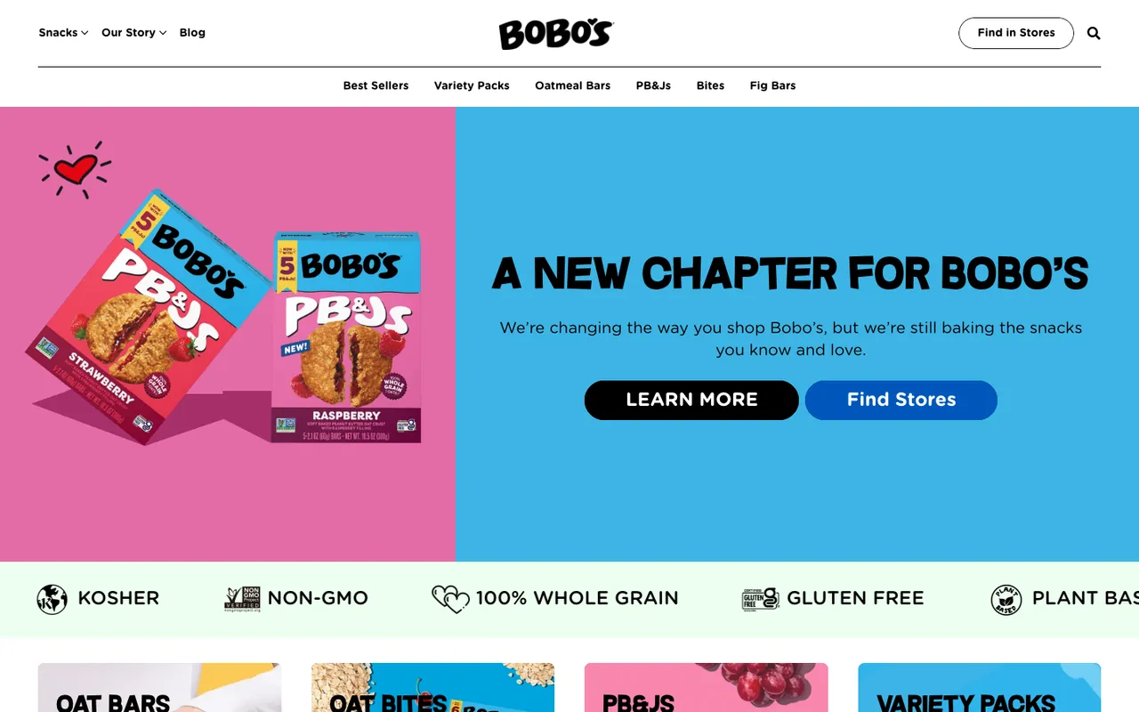 Bobo's homepage first screen: PB&J snack boxes on a pink panel beside the headline A new chapter for Bobo's, with Learn More and Find Stores buttons