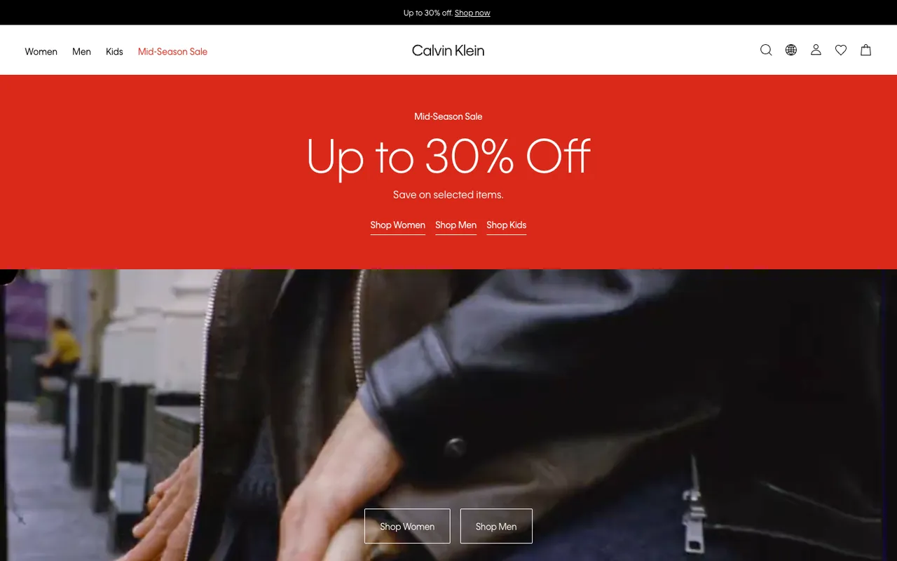 Calvin Klein homepage first screen: a red Mid-Season Sale panel reading Up to 30% Off above a street-style video with Shop Women and Shop Men buttons