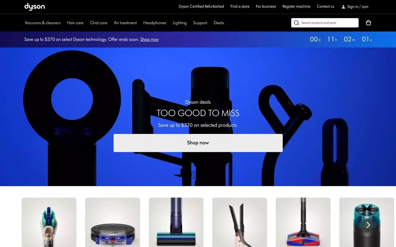 Dyson homepage first screen: black silhouettes of Dyson products on electric blue, a Too good to miss deal headline, a Shop now button and a countdown bar
