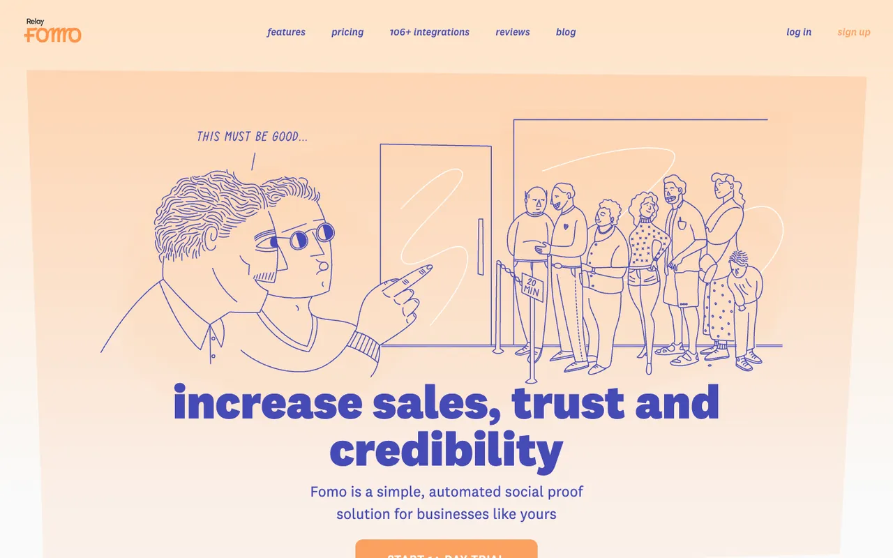 Fomo homepage first screen: line illustration of a man pointing at a queue outside a door, with the headline increase sales, trust and credibility