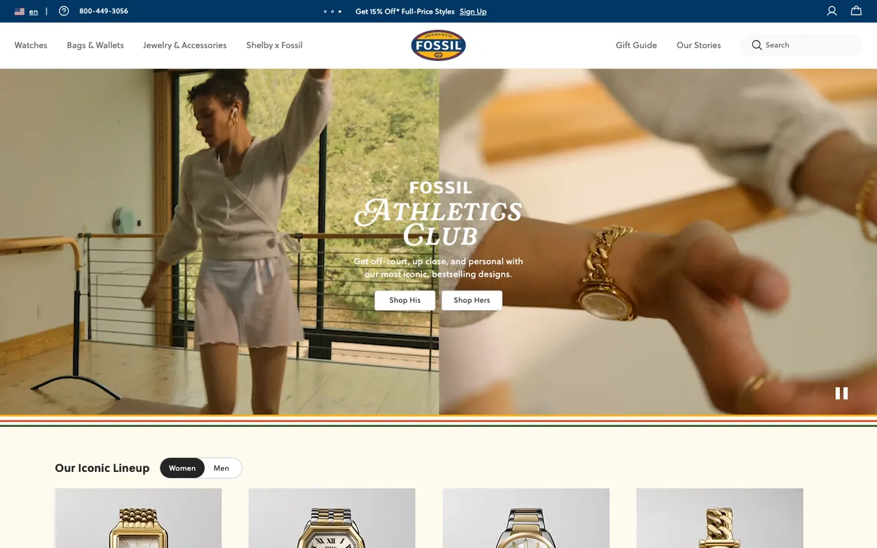 Fossil homepage first screen: video hero for Fossil Athletics Club showing a gold watch on a wrist, with Shop His and Shop Hers buttons