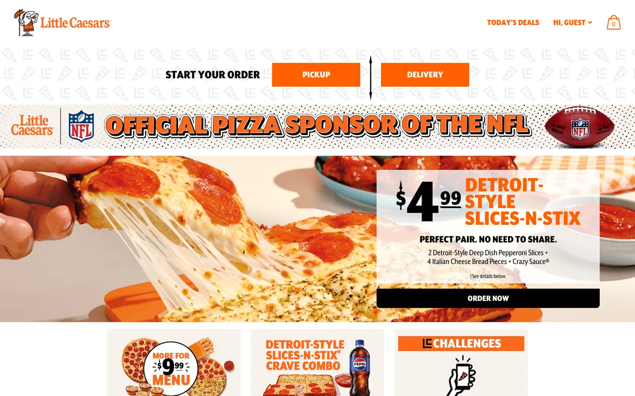Little Caesars homepage first screen: Start your order with Pickup and Delivery buttons above a $4.99 Detroit-style offer with an Order now button