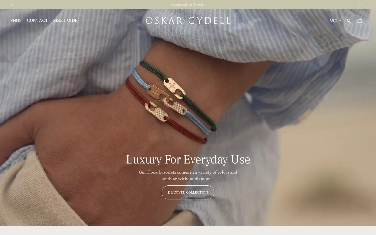Oskar Gydell homepage first screen: close-up of a wrist wearing three Hook bracelets on colored cords, with the headline Luxury For Everyday Use