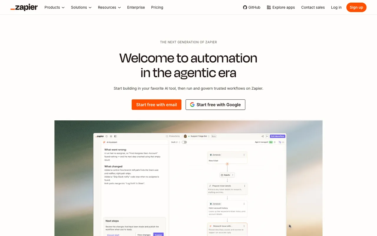 Zapier homepage first screen: headline Welcome to automation in the agentic era, Start free with email and Start free with Google buttons, and a workflow editor animation