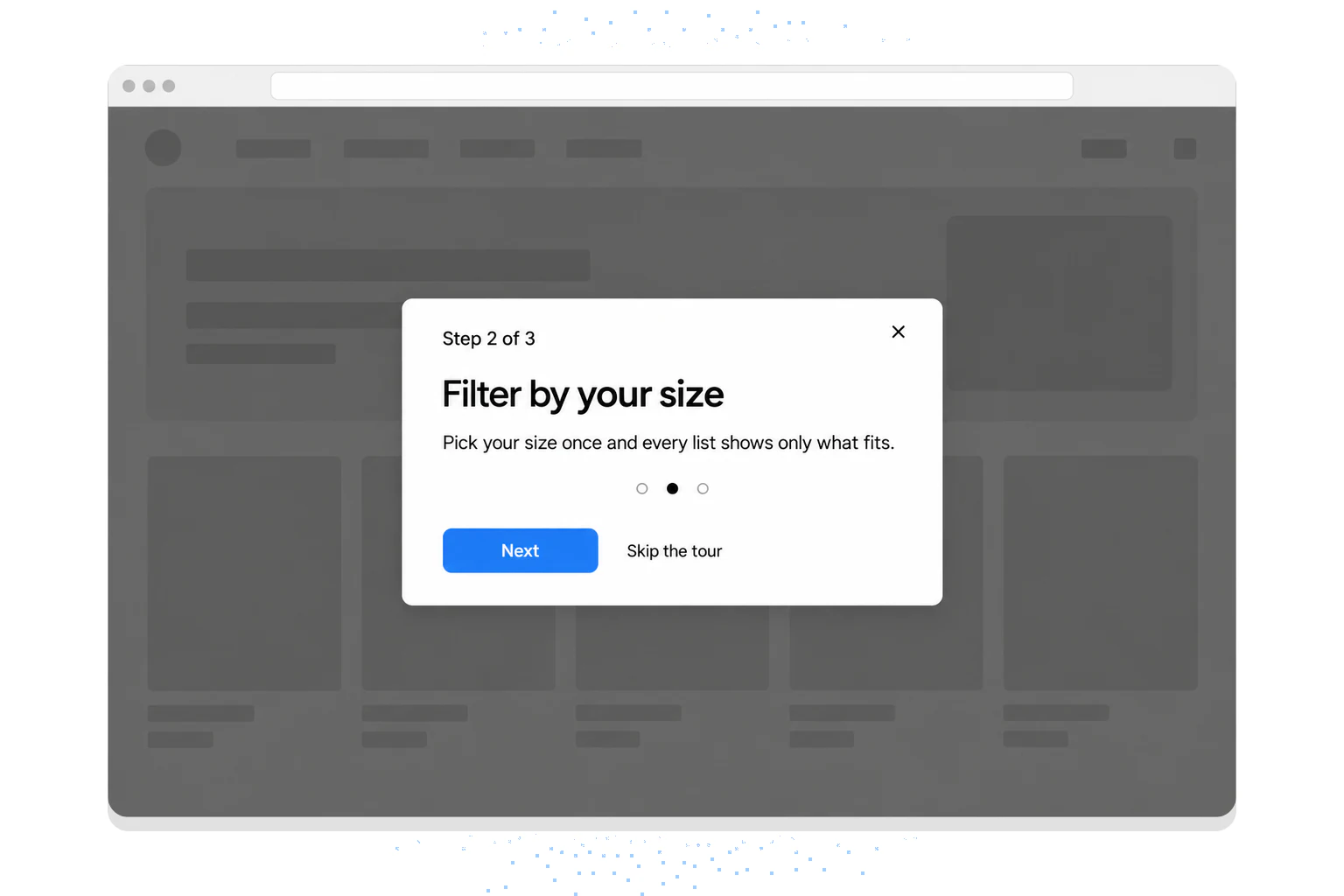 Example tutorial overlay built as a multi-step popup: step 2 of 3, Filter by your size, with Next and Skip the tour