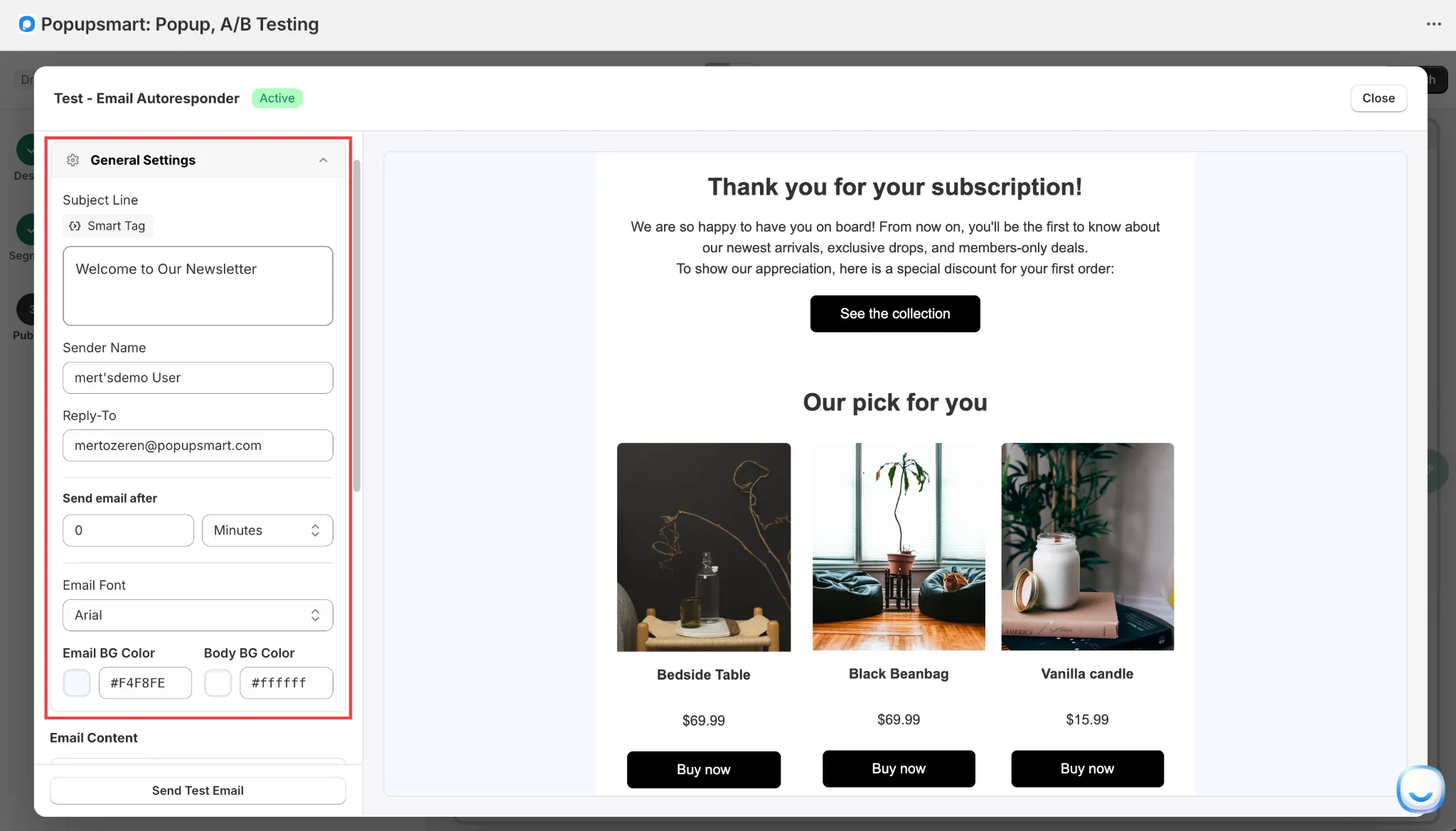 Popupsmart Email Autoresponder editor with General Settings on the left and a welcome email preview with product cards on the right