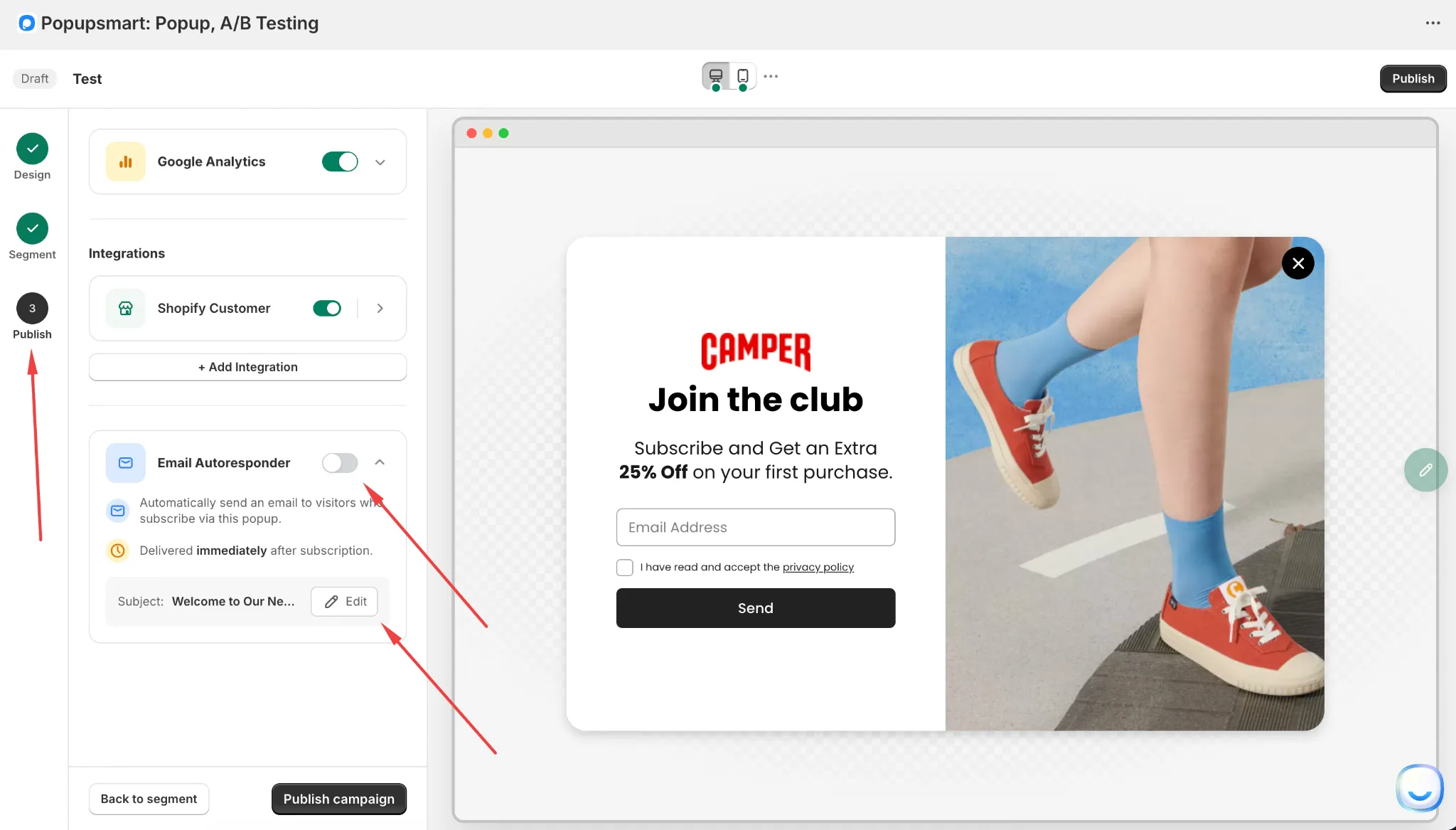 Popupsmart Shopify app Publish step with the Shopify Customer integration switched on and the Email Autoresponder switch below it