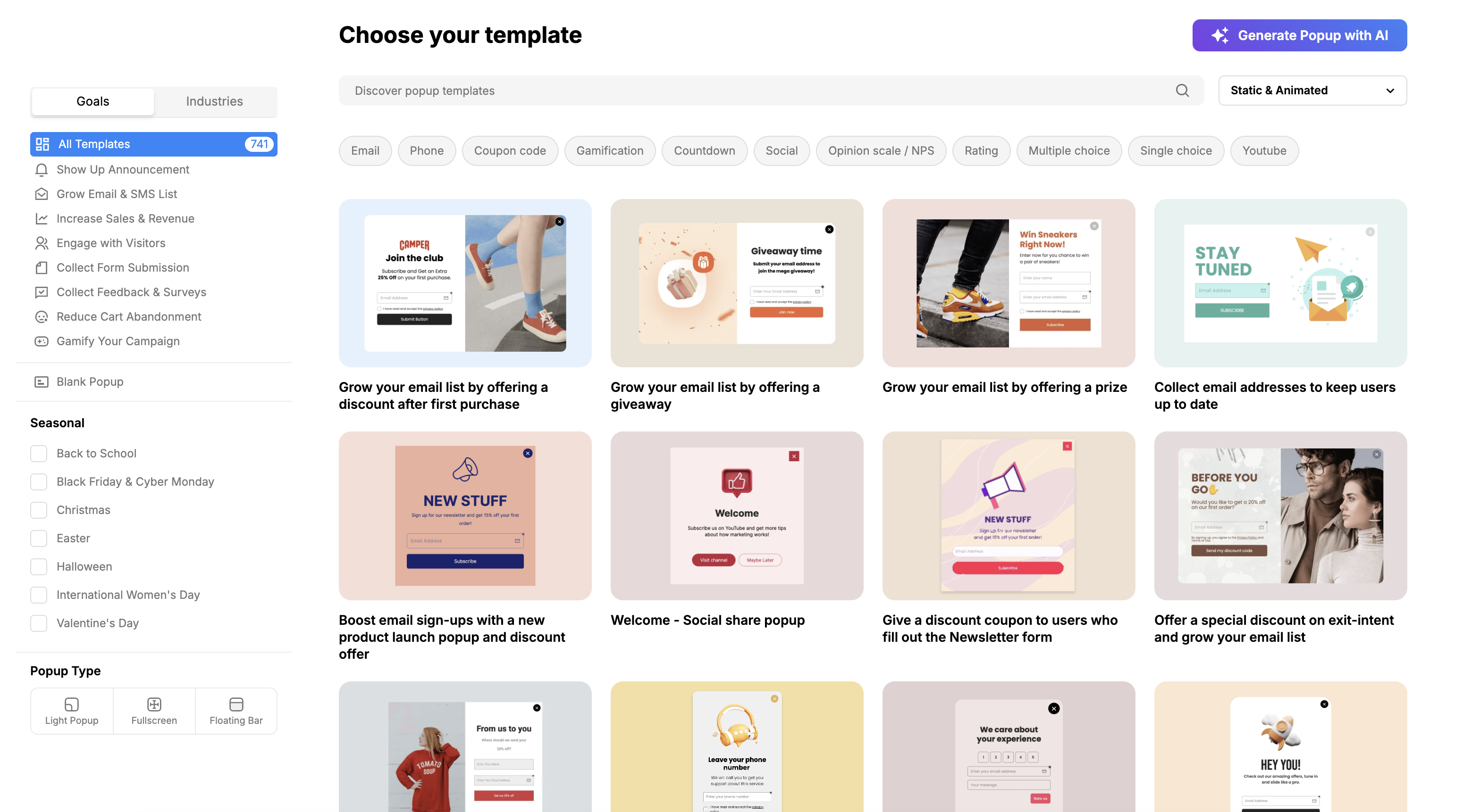 The Popupsmart Playbook with popup templates organized by goal and industry